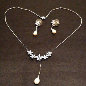 NEW La Creme Necklace & Earrings Set. Silver, Cubic Zirconia & Faux-Pearls